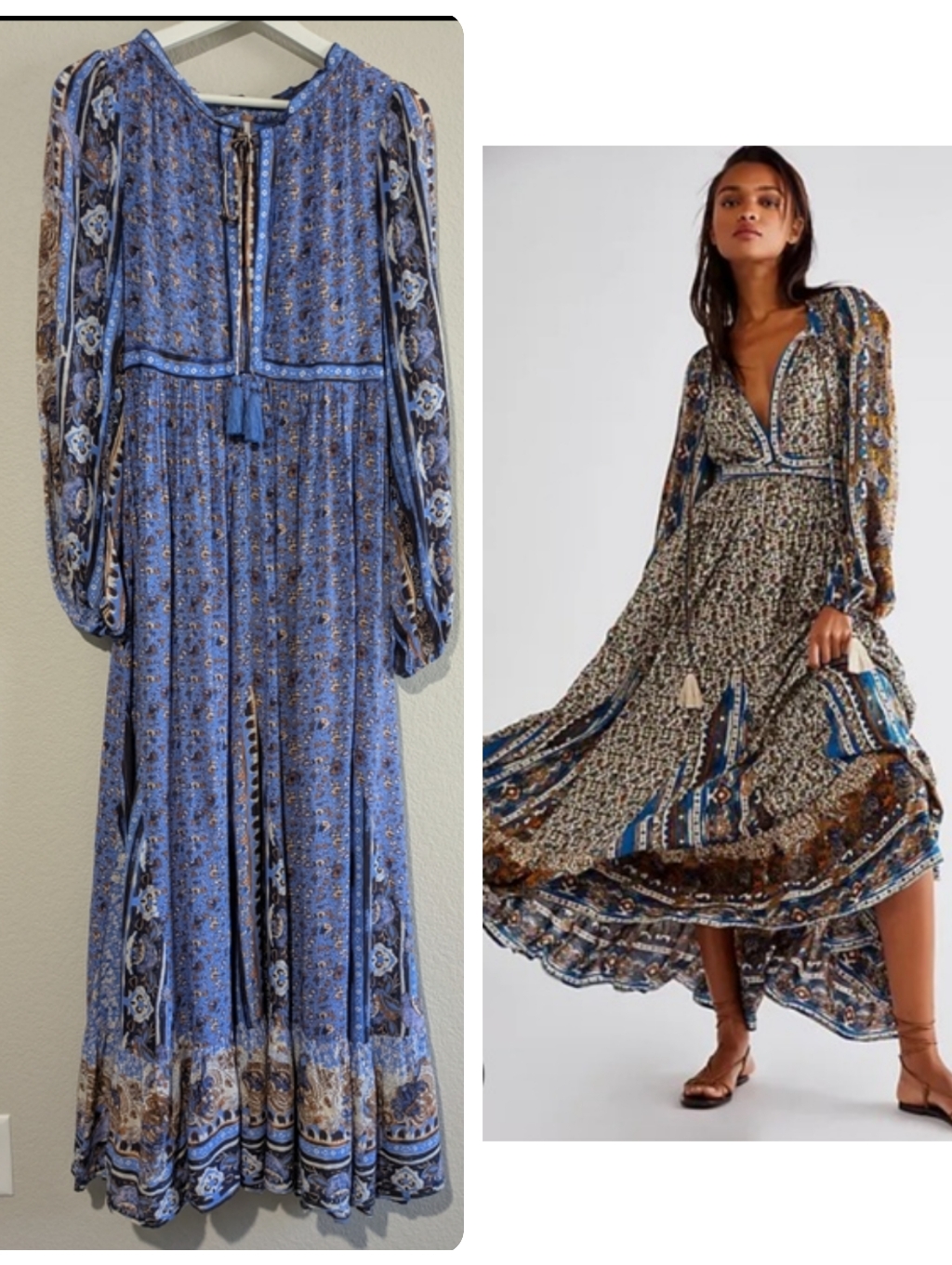 Free People Happy Feelings Long Sleeve Paisley Print Ruffle Maxi Dress Xs